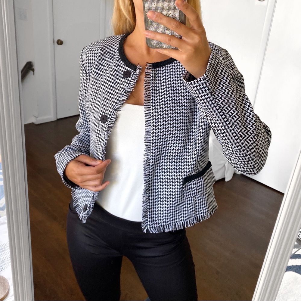 🖤 VOYELLES BLACK & WHITE CHECKERED FRINGE FALL BLAZER JACKET! - Picture 5 of 11